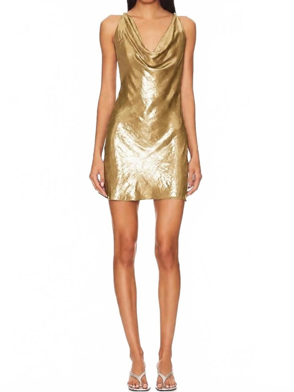 My Beachy Side Gold Shimmer Cowl Neck Draped Mini Dress Size Medium NWT